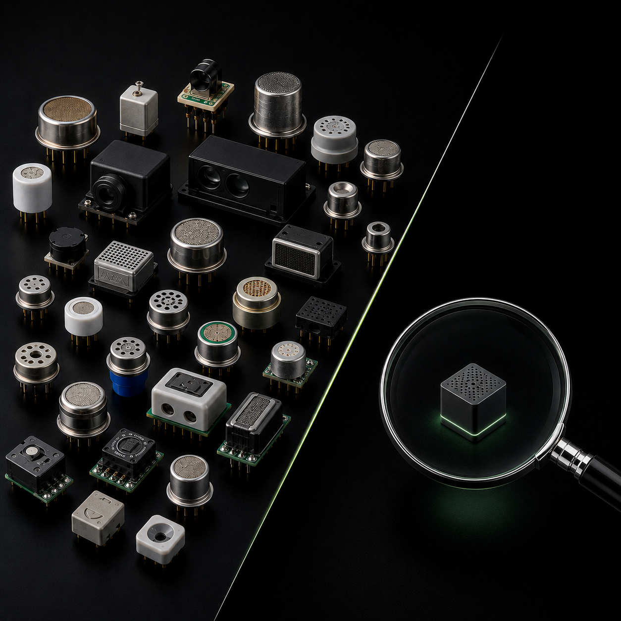 Array of gas sensor modules and a magnified SGS sensor highlighted with a green accent